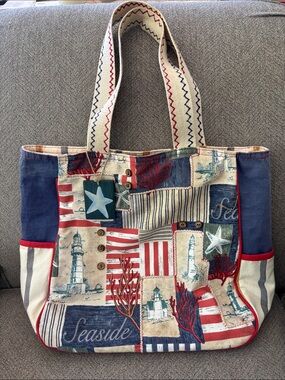 Paul Brent Seaside Patchwork Canvas Tote in Navy, Red, Cream